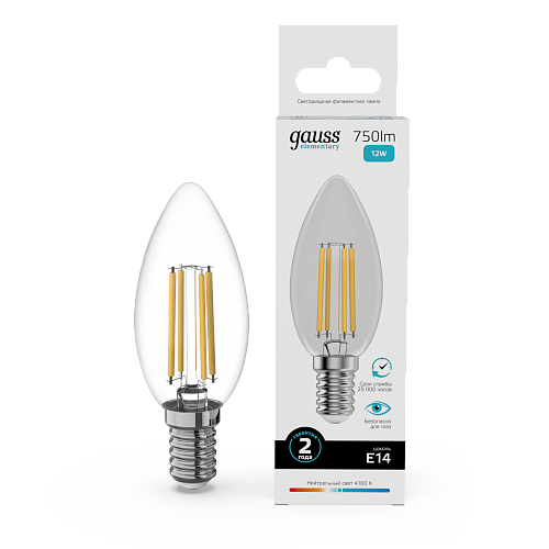 Лампа светодиодная свеча 12Вт 4100К 750Лм Е14 GAUSS Filament Elementary