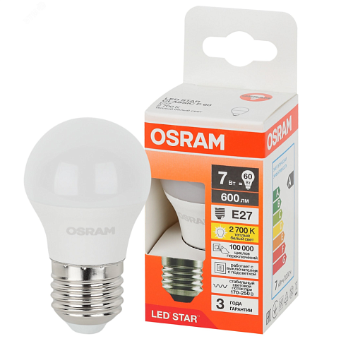 Лампа светодиодная шар LS CLP 60 7W/827 170-250V FR  E27 600lm d45x79 40000h матовый OSRAM