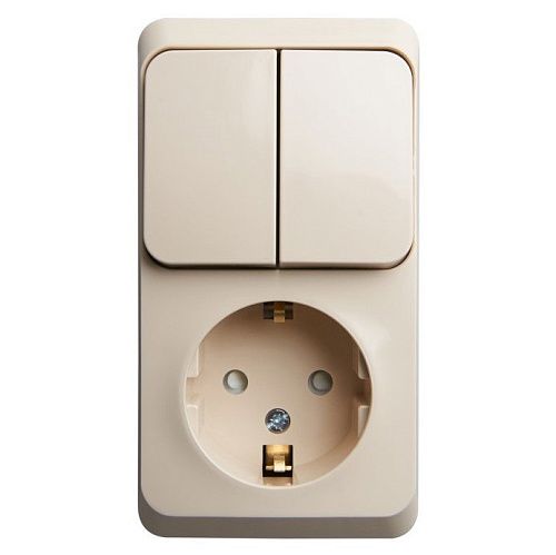 Блок ОУ: розетка с заземлением с защитными шторками + выключатель 2кл (кремовый) ЭТЮД SE