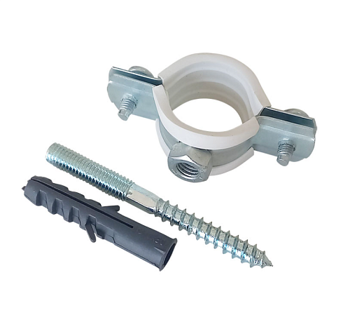 Хомут мет.   1" (32-35мм) с гайкой М8 в компл.со шпилькой-шуруп. и дюб. белый уплотн. TERMA  24227