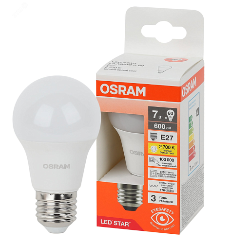 Лампа светодиодная ЛОН LS CLA 60 7W/827 170-250V FR E27 600lm 40000h d55x100 матовая OSRAM
