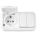 Блок ОУ: выключатель 2кл + розетка с заземлением с защитной крышкой IP54 (белый) Пралеска Аква