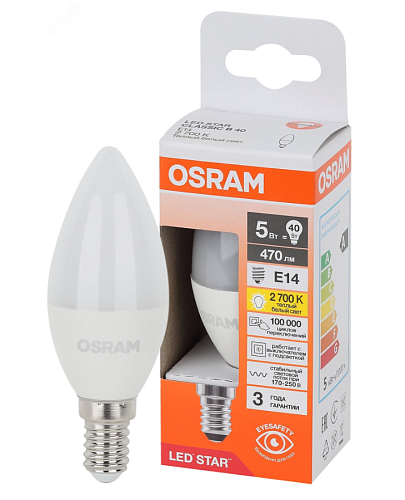 Лампа светодиодная свеча LED STAR CL B 5Вт 2700К 470Лм Е14 OSRAM