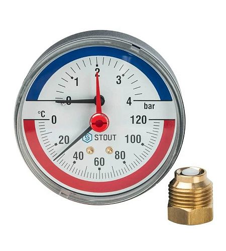 Термоманометр аксиальный 80мм 0-4 бар. 0-120С. 1/2" с авт. запорн. клапаном STOUT SIM-1005-800415