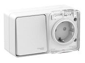 Блок ОУ: розетка с заземлением с защитными шторками + 1кл выключатель IP54 (белый) AtlasDesign Profi54 SE