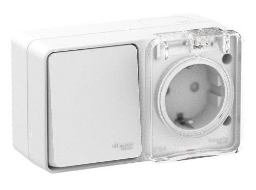 Блок ОУ: розетка с заземлением с защитными шторками + 1кл выключатель IP54 (белый) AtlasDesign Profi54 SE