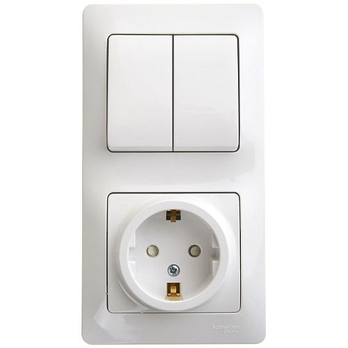Блок СУ: розетка с заземлением с защитными шторками + выключатель 2кл (белый) GLOSSA SE