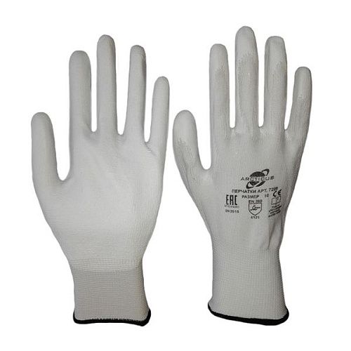 Перчатки трикотажные нейлоновые бесшовные полиуретан. покрытие на ладони и кончиках пальцев р 8 13G белые  Arcticus