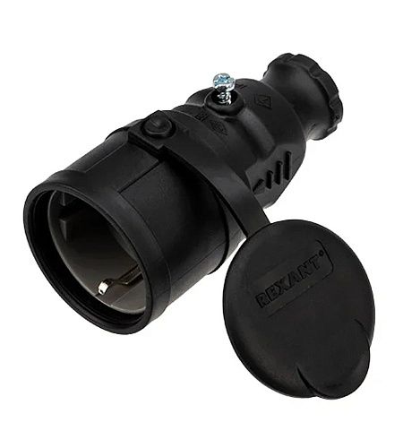 Штепсельное гнездо с крышкой (каучук) с/з 16А IP44  черная REXANT