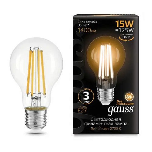 Лампа светодиодная ЛОН LED-A60 15Вт 2700К 1400Лм Е27 Filament прозрачная GAUSS
