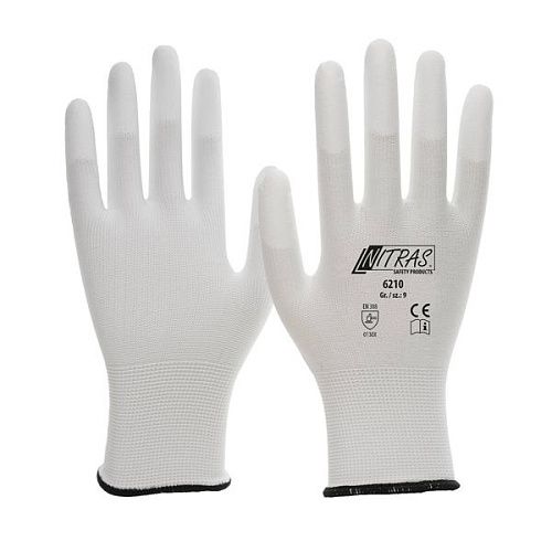 Перчатки трикотажные нейлоновые бесшовные полиуретан. покрытие на ладони и кончиках пальцев 13G белые размер 9 Nitras