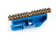 Шина N "ноль" 14 отверстий на DIN-рейку 6х9мм латунь (синий)