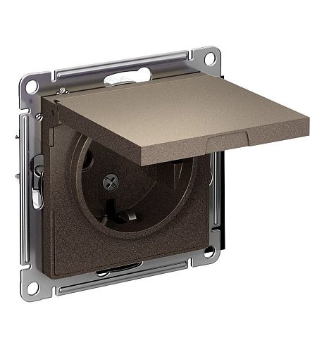 Розетка 1-я с/з 16А со шторками с крышкой (мокко) ATLASDESIGN SE