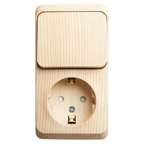 Блок ОУ: розетка с заземлением с защитными шторками + выключатель 1кл (сосна) ЭТЮД SE