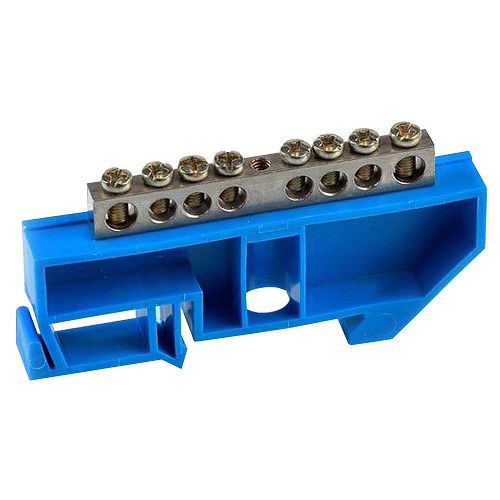 Шина N "ноль" 8 отверстий на DIN-рейку 8х12мм никелированная латунь 150А (синий)