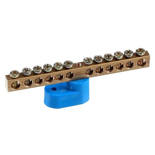 Шина N "ноль" 12 отверстий 1 изолятор "стойка" 6х9мм латунь (синий)