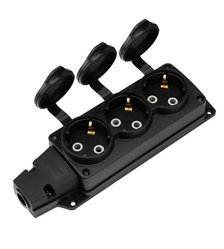 Колодка ОУ 3м штепсельная с крышкой (каучук) COMPACT с/з 16А IP54 черная REXANT