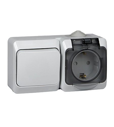 Блок ОУ: розетка с заземлением с защитными шторками + выключатель 1кл IP44 (серый) ЭТЮД SE