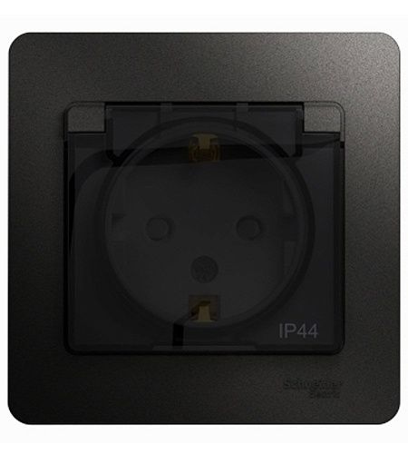 Розетка с заземлением с защитными шторками с крышкой в сборе IP44 (антрацит) GLOSSA SE