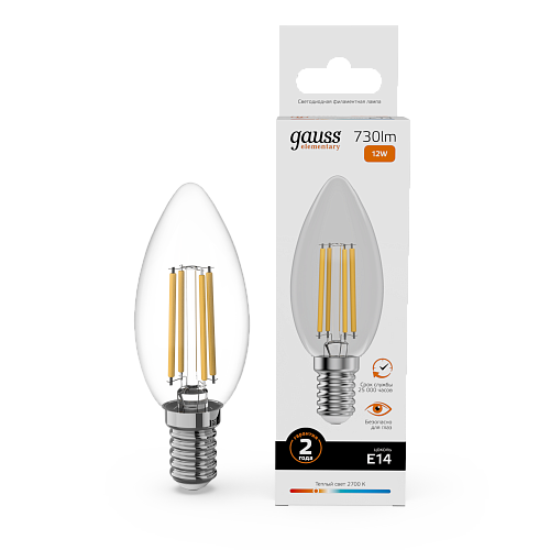 Лампа светодиодная свеча 12Вт 2700К 730Лм Е14 GAUSS Filament Elementary