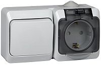 Блок ОУ: розетка с заземлением с защитными шторками + выключатель 1кл IP44 (серый) ЭТЮД SE