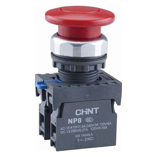 Кнопка управления "Грибок" Ø40мм с самовозвратом NP8-01M/1 без подсветки красная 1НЗ IP65 (R) CHINT (667261)