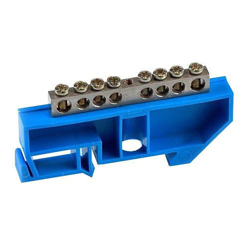 Шина N "ноль" 8 отверстий на DIN-рейку 6х9мм никелированная латунь 63А (синий)