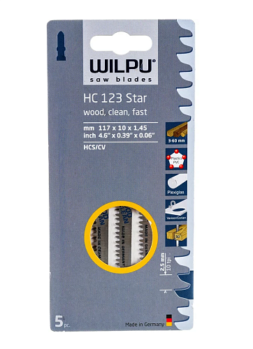 Пилка для лобзика HC 123 STAR для дерева до 60мм и пластмассы (быстрый чистый рез) WILPU (0210500005)