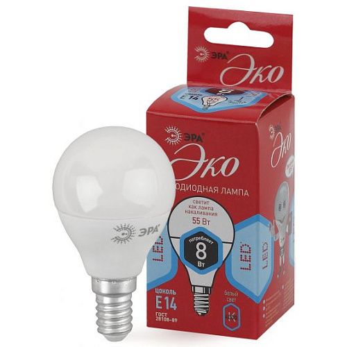 Лампа светодиодная шар ECO LED P45-8W-840-E14 G45 8Вт 4000К 640Лм E14 серия Бюджет (1 год) ЭРА