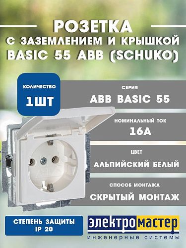 Розетка SCHUKO с крышкой 20 EUK-94 (альпийский белый) Basic 55 ABB 2018-0-0350