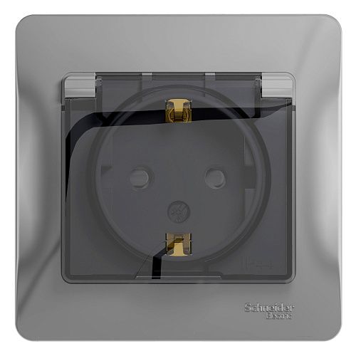 Розетка с заземлением с защитными шторками с крышкой IP44 в сборе (алюминий) GLOSSA SE
