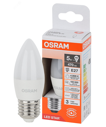 Лампа светодиодная свеча LS CLA 75 5W 840 230V FR E27 470Lm d37х100 матовая OSRAM