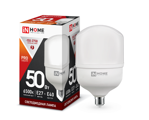 Лампа светодиодная ЛОН LED-HP-PRO 50Вт 6500K 4750Лм Е27 с адаптером E40 IN HOME