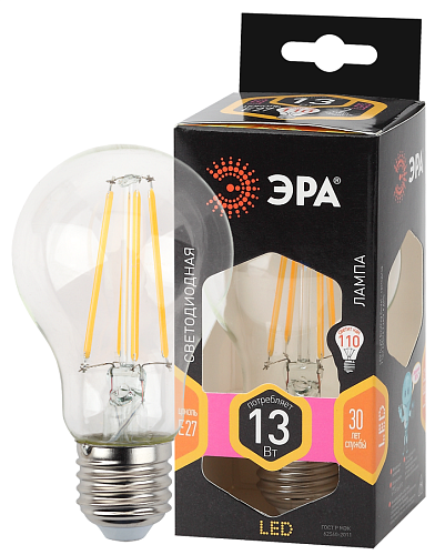 Лампа светодиодная ЛОН  F-LED A60-13W-827-E27 Е27 / Е27 A60 13Вт 2700К 1690Лм Е27 Filament прозрачная ЭРА