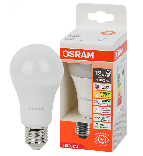 Лампа светодиодная ЛОН LS CLA 75 12W/827 170-250V FR E27 1055Lm d60х120  матовая OSRAM