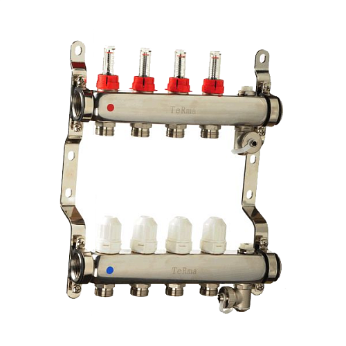 Коллекторная группа из нержавеющая сталь с расходомерами воздухоотводчиками и сливом 1"x4 вых. TeRma 14104