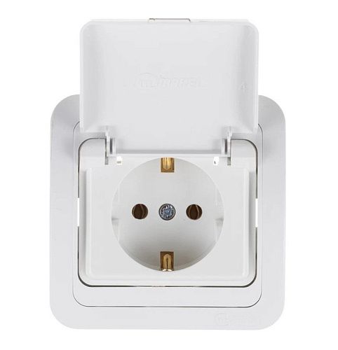 Розетка СУ с заземлением с защитной крышкой со вставкой керамика (белый) Mimoza MAKEL