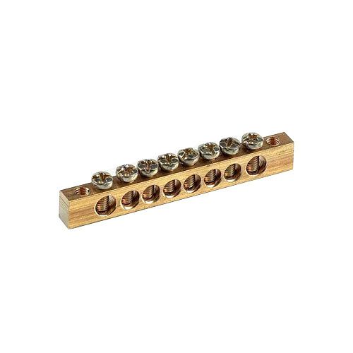 Шина РЕ "земля" 8 отверстий 6х9мм 8/2 (8групп/крепеж по краям) латунь