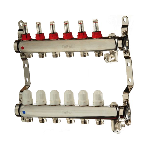 Коллекторная группа из нержавеющая сталь с расходомерами воздухоотводчиками и сливом 1"x6 вых. TeRma 14106