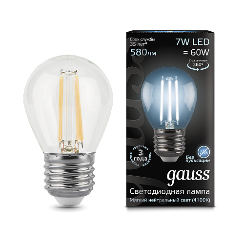 Лампа светодиодная шар G45 7Вт 4100K 580Лм E27 прозрачная Filament GAUSS 105802207
