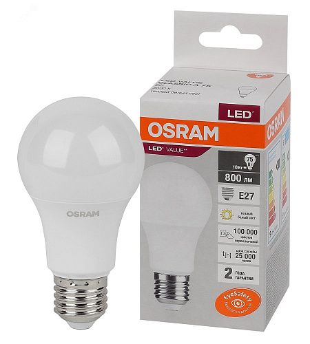 Лампа светодиодная Value 10W=75W 220-240V Е27 800лм 3000К 180° 25000h d60x113 груша OSRAM