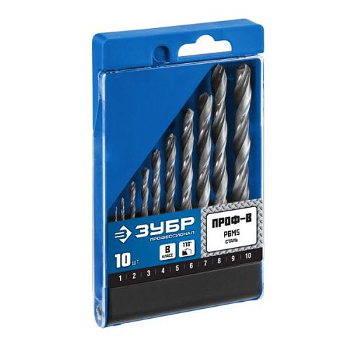 Набор сверл Р6М5 10 предметов по металлу класс В 1-10мм ПРОФ-В ЗУБР (29621-H10)