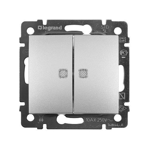 Выключатель 2кл с зеленой подсветкой (алюминий) Valena Classic Legrand (770128)