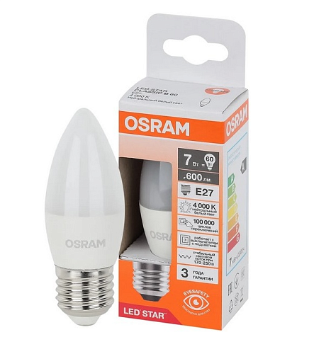 Лампа светодиодная свеча LS CLA 75 7W 840 230V FR E27 600 d37х100 матовая OSRAM
