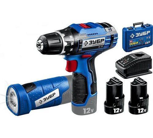 Аккумуляторная дрель-шуруповёрт 12В 2 аккумулятора 2.0Ач + светодиодный фонарь кейс Профессионал ЗУБР (DL-121-22F)