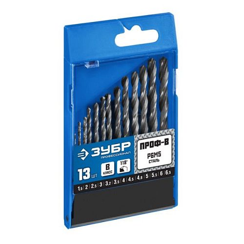 Набор сверл Р6М5 13 предметов по металлу класс В 1.5-6.5мм ПРОФ-В ЗУБР (29621-H13)