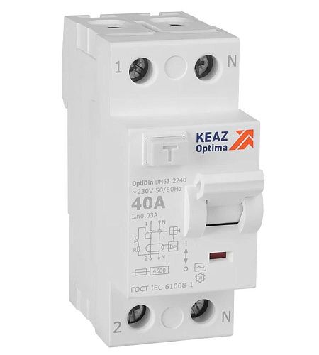 Устройство защитного отключения 2п 40А 30мА тип AC DM63-2240-АС-4.5-УХЛ4 КЭАЗ (343889) 