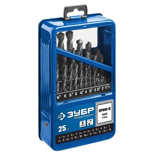 Набор сверл Р6М5 25 предметов по металлу класс В 1-13мм ПРОФ-В ЗУБР (29621-H25)