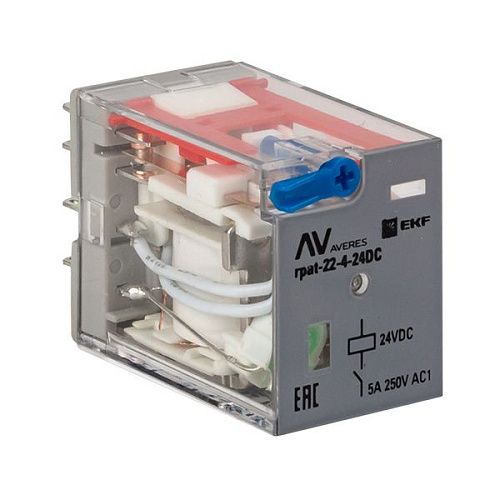Реле промежуточное с кнопкой и механической индикацией RPAt 22/4 5A 24В DC AVERES EKF (rpat-22-4-24DC)