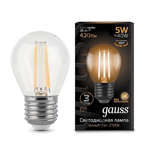 Лампа светодиодная шар G45 5Вт 2700K 420Лм E27 прозрачная Filament GAUSS